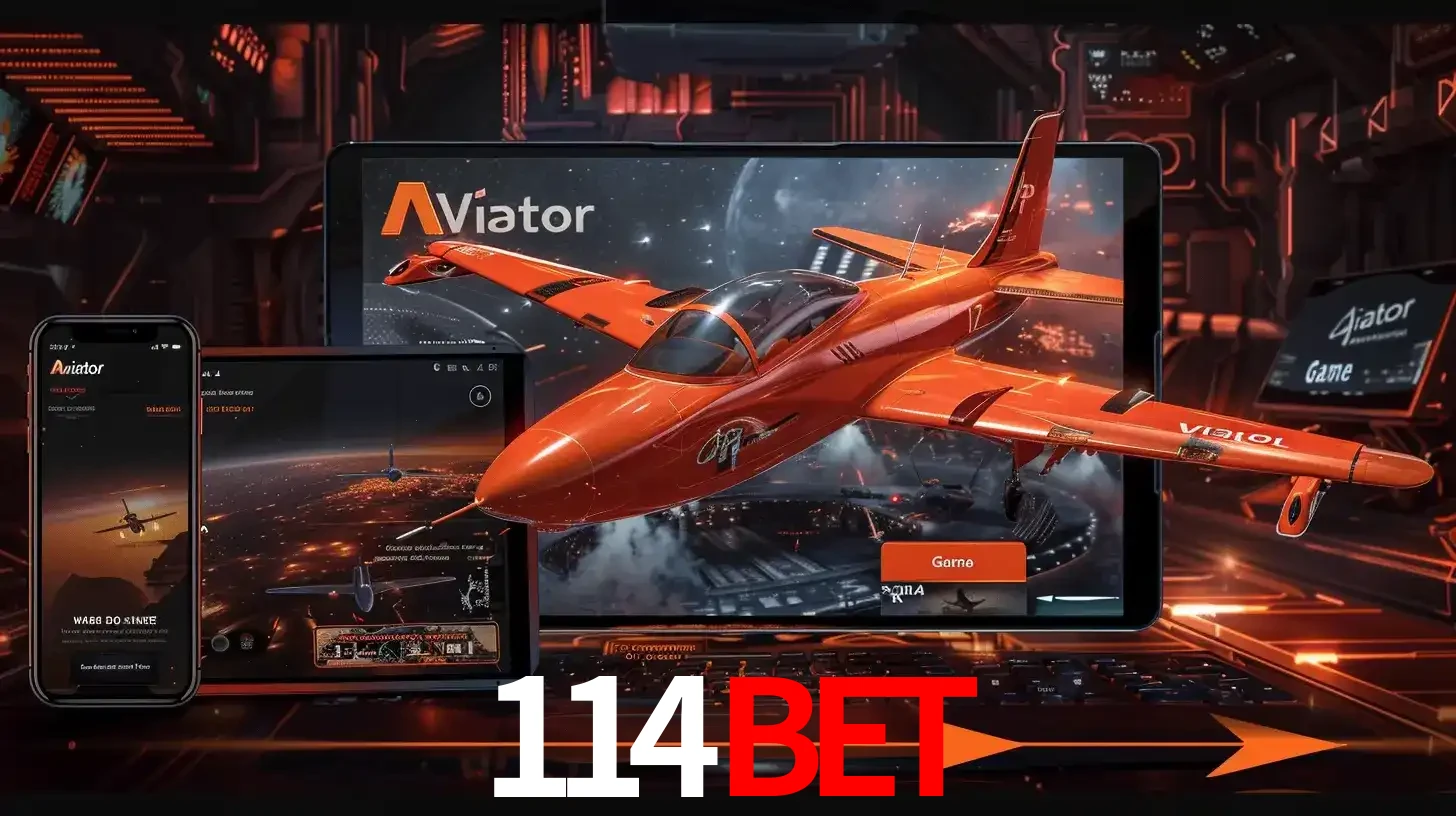 Apresentação tecnológica do jogo Aviator com um avião saindo da tela de um tablet, demonstrando a experiência imersiva em múltiplos dispositivos no 114BET.