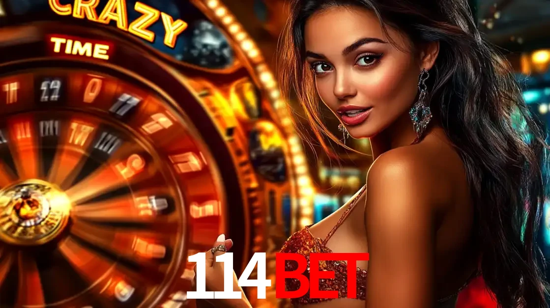 Mulher ao lado da roda de prêmios do jogo de cassino ao vivo Crazy Time, um dos shows de jogos mais emocionantes oferecidos pela plataforma de apostas 114BET.