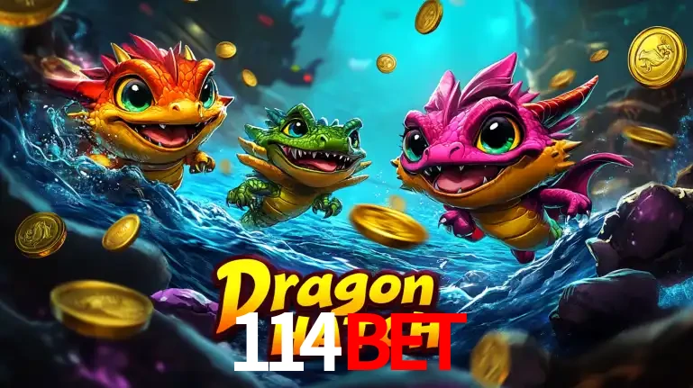 Arte promocional do jogo Dragon Hatch com três adoráveis dragões bebês nadando entre moedas de ouro, um dos slots mais divertidos para jogar no cassino 114BET.
