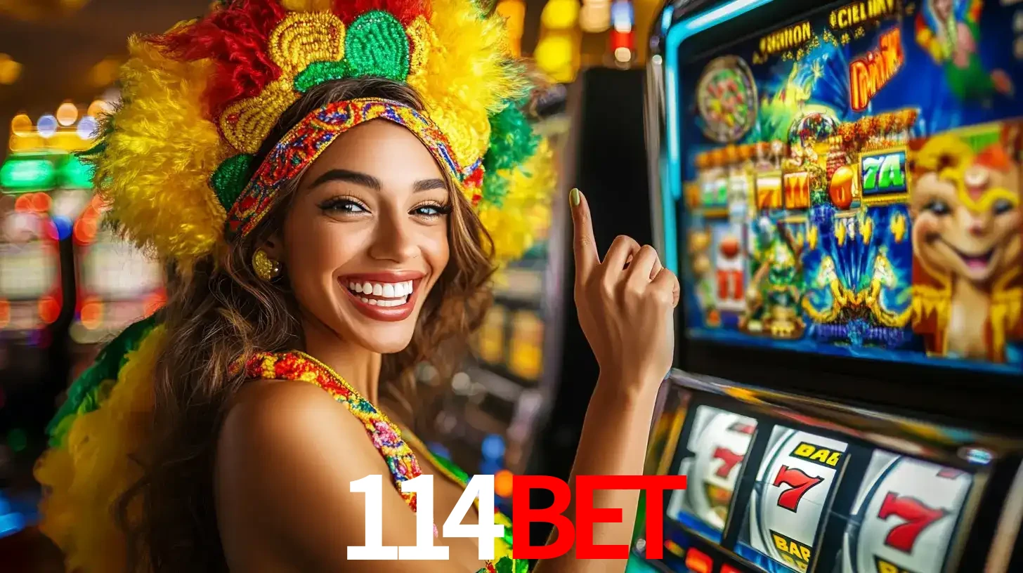 Mulher animada com um cocar de carnaval apontando para uma máquina de caça-níqueis, mostrando a emoção de ganhar um grande prêmio nos jogos do 114BET.