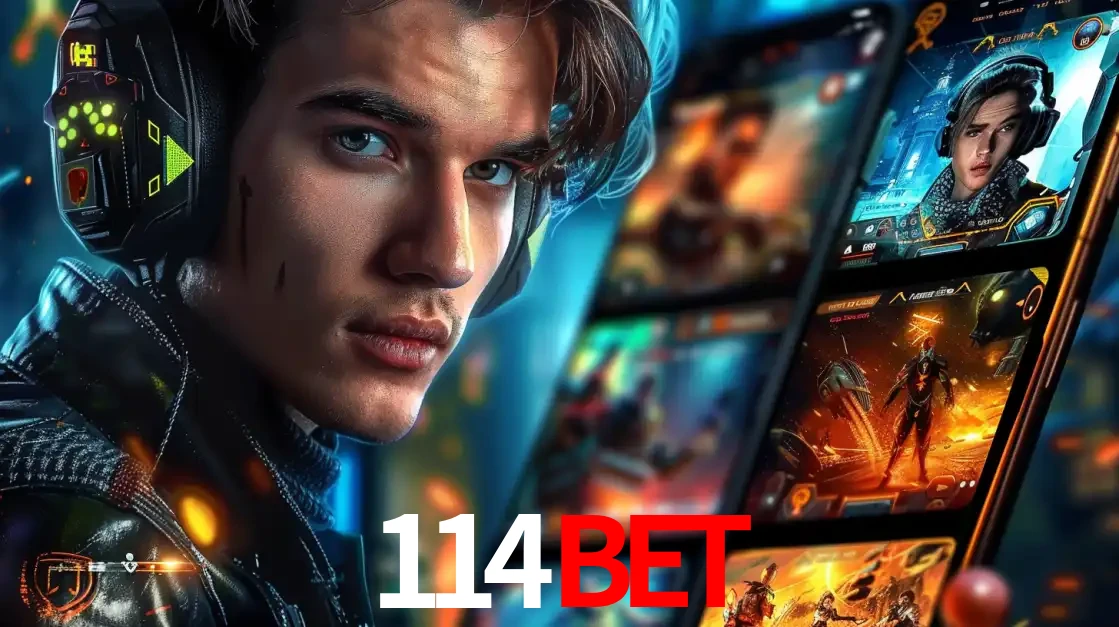 Jovem jogador com fones de ouvido olhando para a câmera, com um aplicativo de jogos e e-sports para celular ao fundo, pronto para a competição e apostas no 114BET.