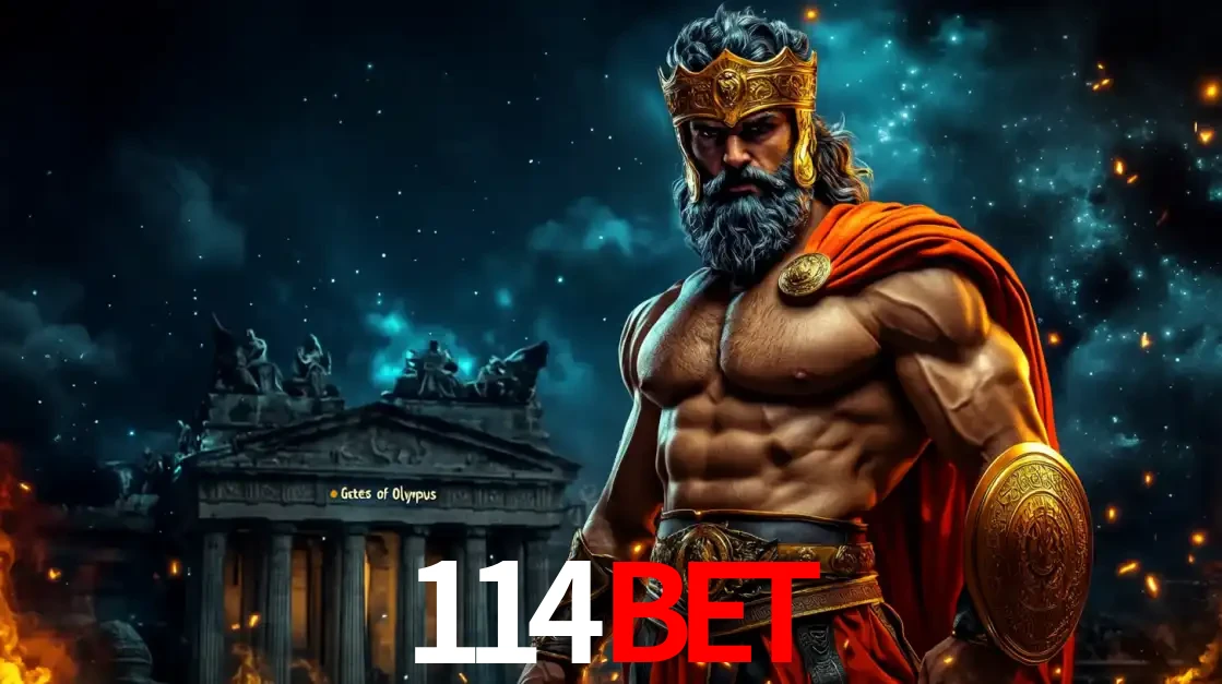 O poderoso Zeus do jogo de slot Gates of Olympus em frente ao seu templo, pronto para lançar multiplicadores divinos e prêmios épicos no cassino online 114BET.