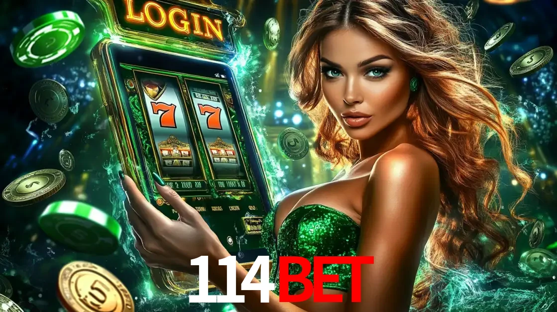 Mulher com tema verde apresentando o aplicativo do cassino 114BET com um jogo de slot de 777, cercada por fichas de cassino e uma aura de sorte.