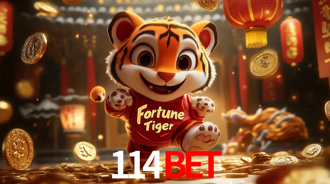 O alegre personagem do Fortune Tiger correndo sobre um caminho de moedas de ouro, simbolizando os grandes prêmios e a diversão do popular jogo de slot do 114BET.