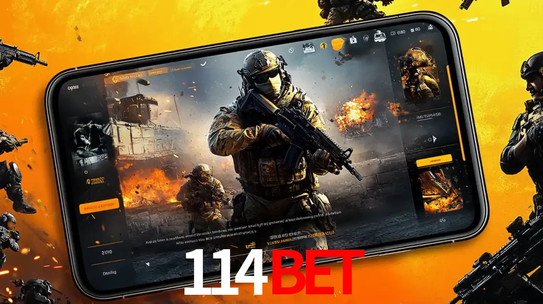 Um smartphone exibindo a interface de um jogo de tiro em primeira pessoa, com um soldado em um cenário de batalha, representando a ação dos e-sports para apostar no 114BET.