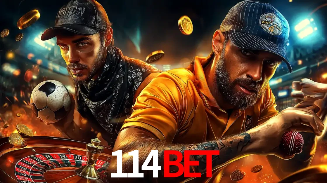 Montagem de apostas esportivas e cassino no 114BET, com um homem segurando uma bola de futebol e outro uma de beisebol sobre uma roleta e moedas voadoras.