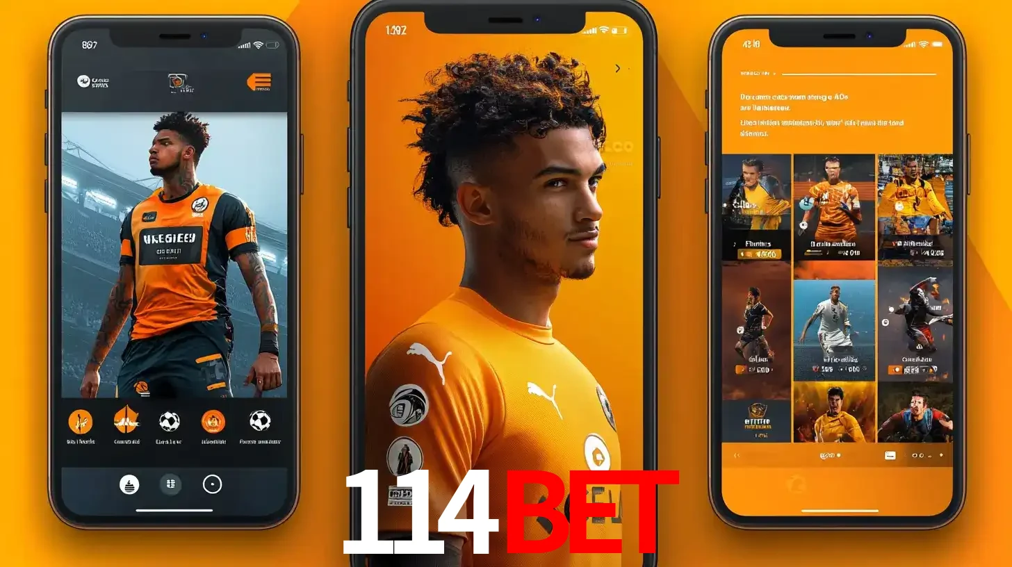 Interface do aplicativo de apostas esportivas 114BET em três telas de celular, mostrando o perfil de um jogador de futebol e a lista de jogos disponíveis para apostar.
