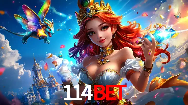 A princesa de um reino de fantasia mágico, com seu pequeno dragão, apresentando um mundo de prêmios encantados nos jogos de caça-níqueis do cassino 114BET.
