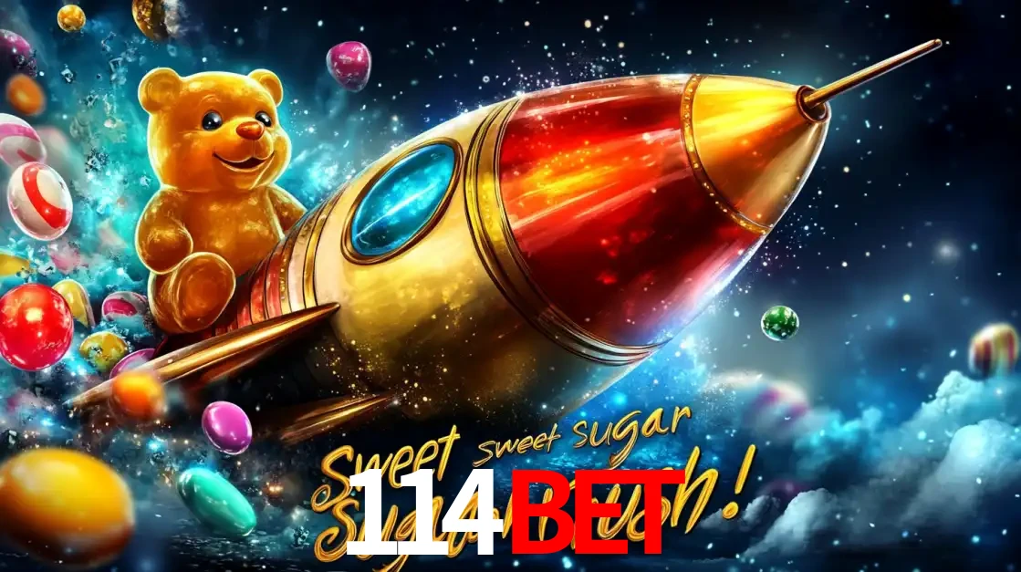 Arte promocional do jogo de slot Sugar Rush, com um urso de pelúcia em um foguete viajando pelo espaço de doces, um dos jogos divertidos disponíveis no cassino 114BET.