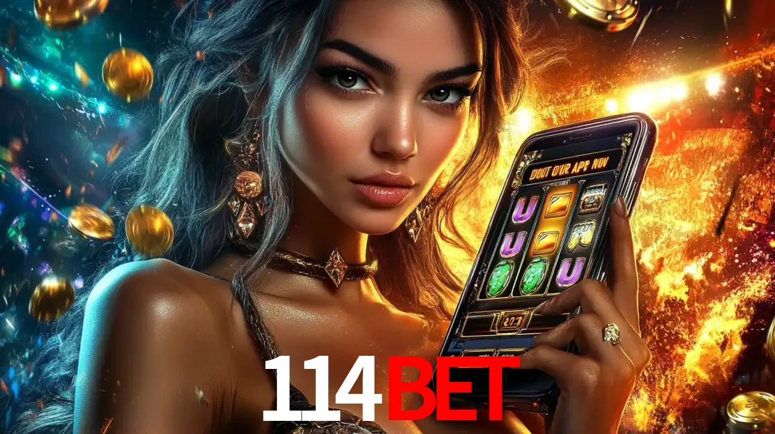 Mulher elegante mostrando um jogo de caça-níqueis em seu smartphone, destacando a experiência de cassino móvel oferecida pelo aplicativo 114BET.