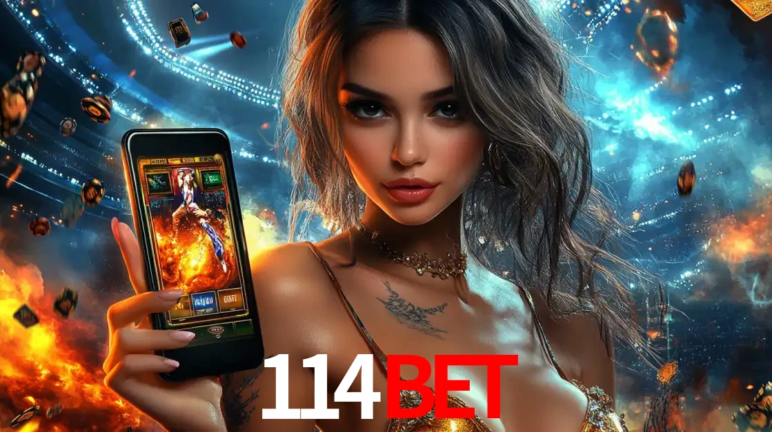 Mulher segurando um celular com um jogo de slot em destaque, tendo como fundo um estádio vibrante, simbolizando a emoção de jogar no cassino móvel 114BET.