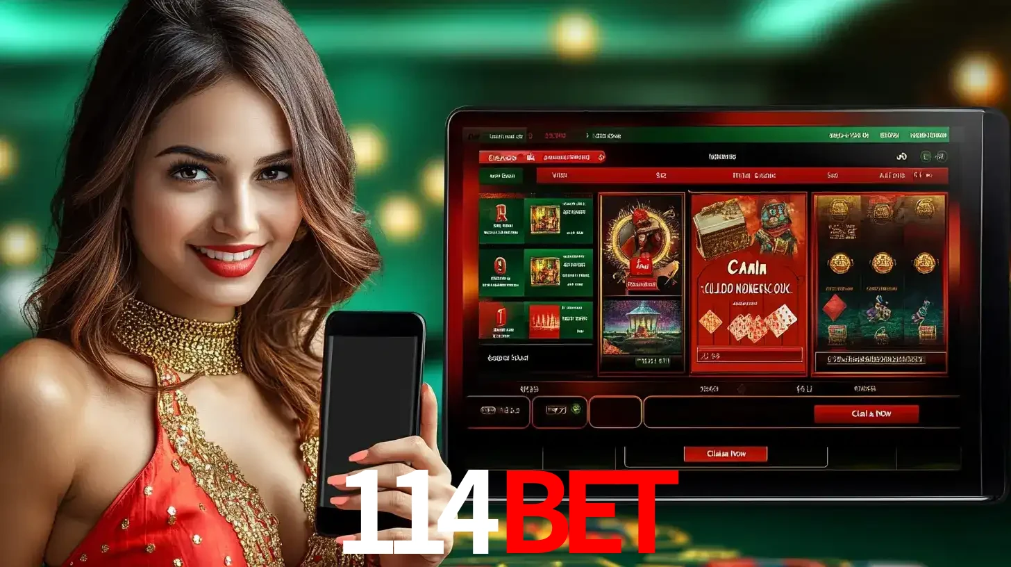 Mulher sorridente segurando um smartphone, ao lado de uma tela exibindo o lobby de jogos do cassino online 114BET, com várias opções de jogos de cartas e slots.